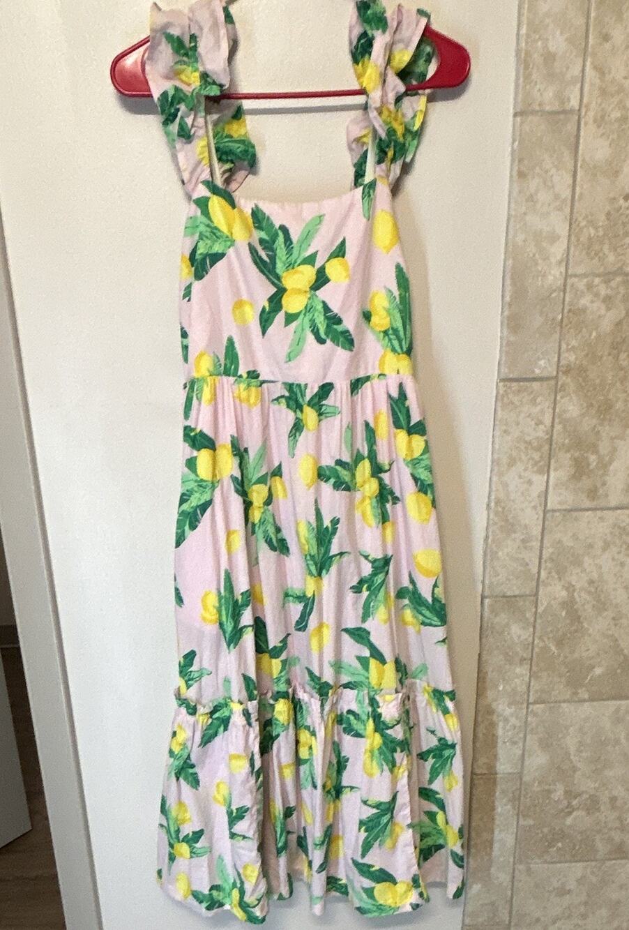 J.Crew Factory Ruffle-Shoulder Smocked Midi Dress Pink Lemon Citrus Print Size6